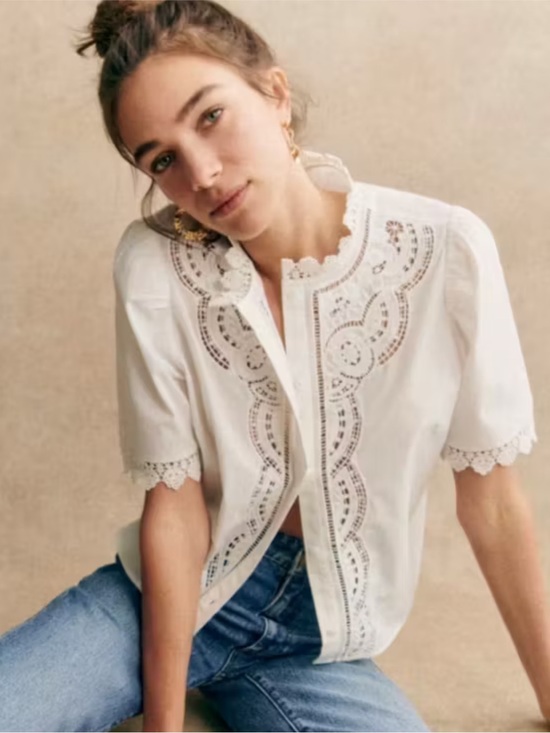Sezane Tops - Sézane Eponine White Lace-Trim button down short sleeve blouse
